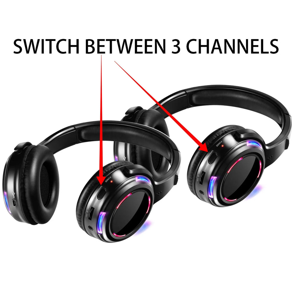 Black wireless silent disco headphones with over-ear design and a 3m cable.