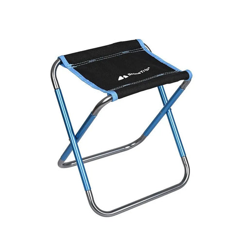 Black aluminium alloy folding stool in a folded and unfolded state.