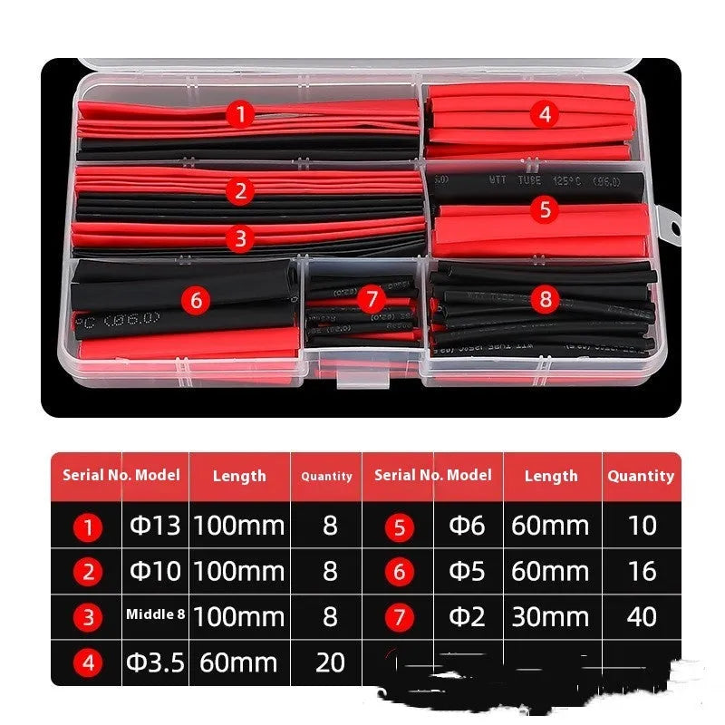 Box of 150 heat shrinkable sleeve tubes in PE material, black and red colours, for wire insulation