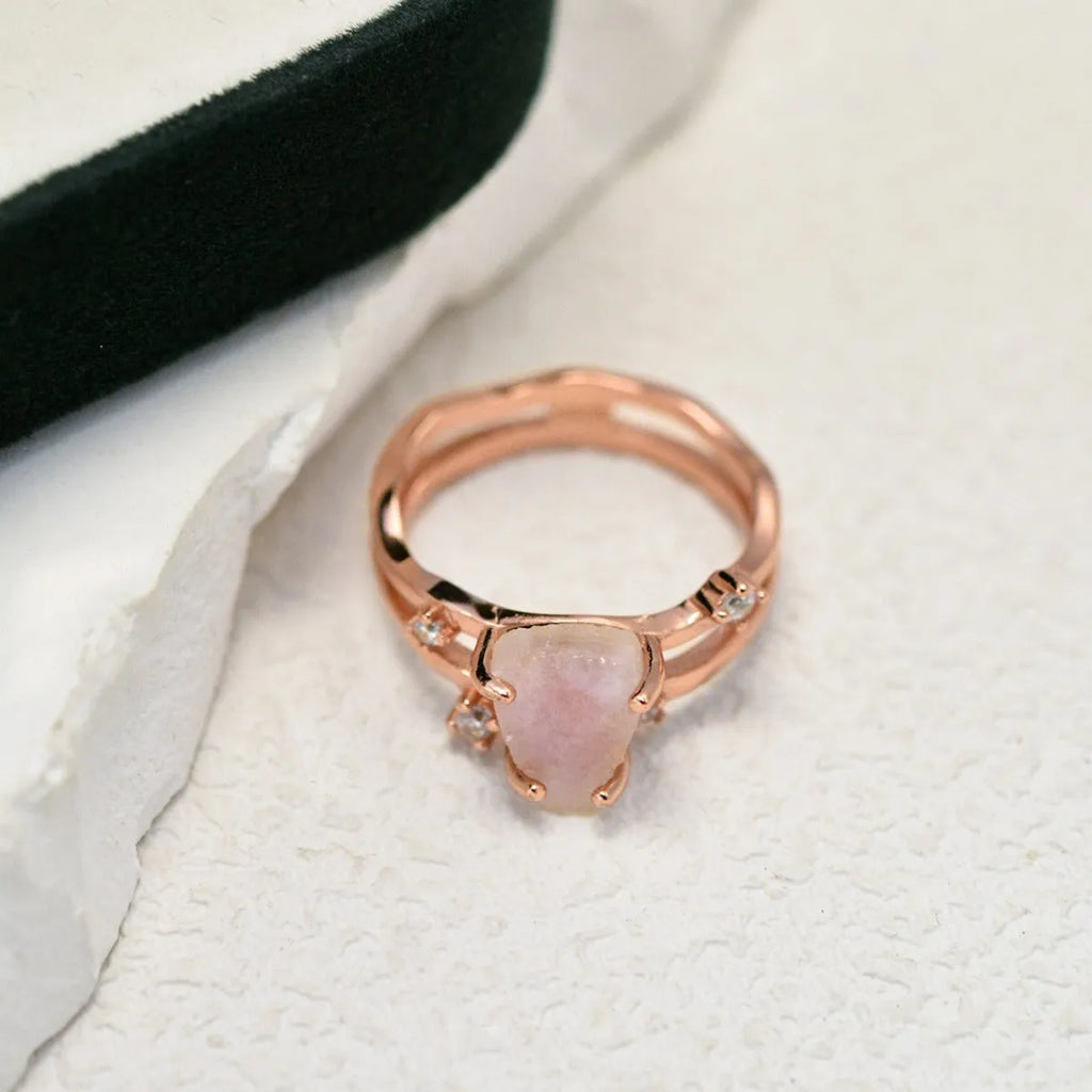 S925 sterling silver moonstone ring with irregular triangle geometry on model finger