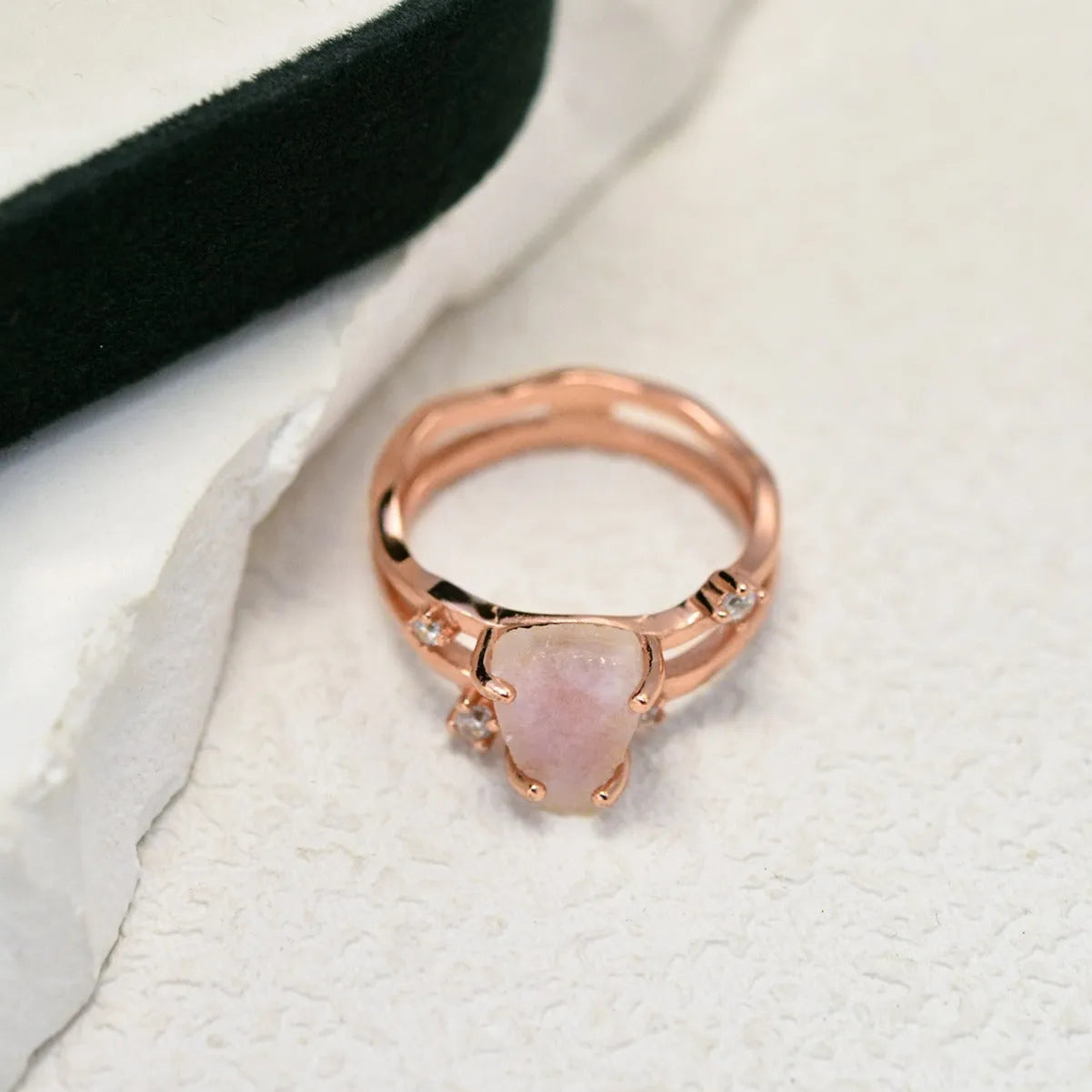 S925 sterling silver moonstone ring with irregular triangle geometry on model finger