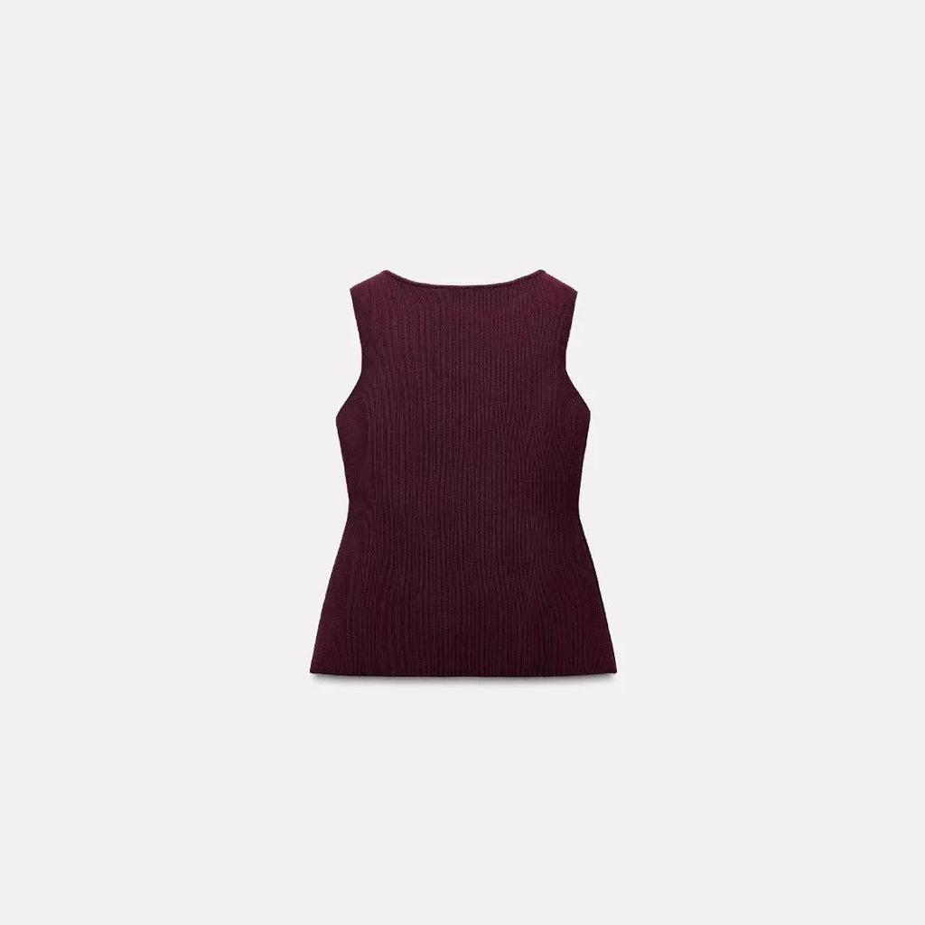 Dark red slim-fit sweater vest with gold buttons and 3D patterning on mannequin