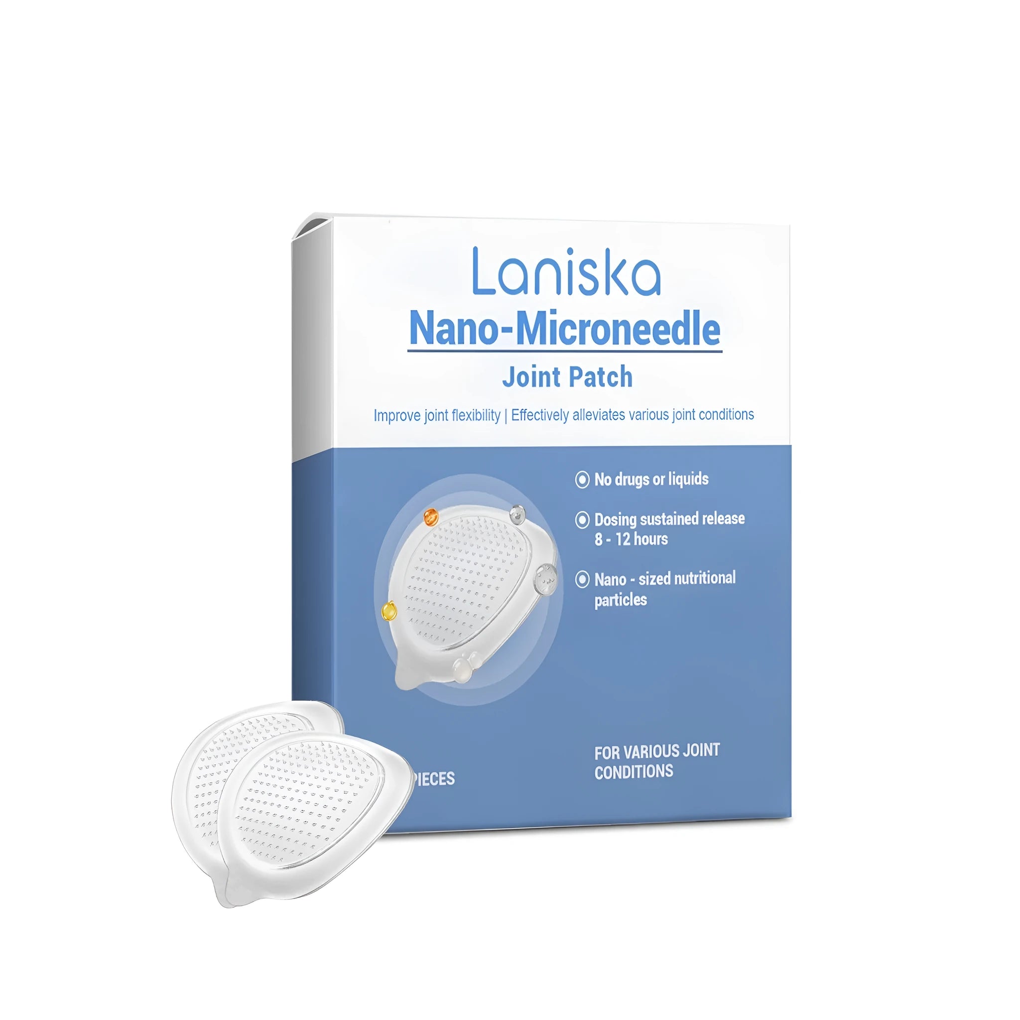 Nano-microneedle joint pain relief patch pack containing four transdermal patches.