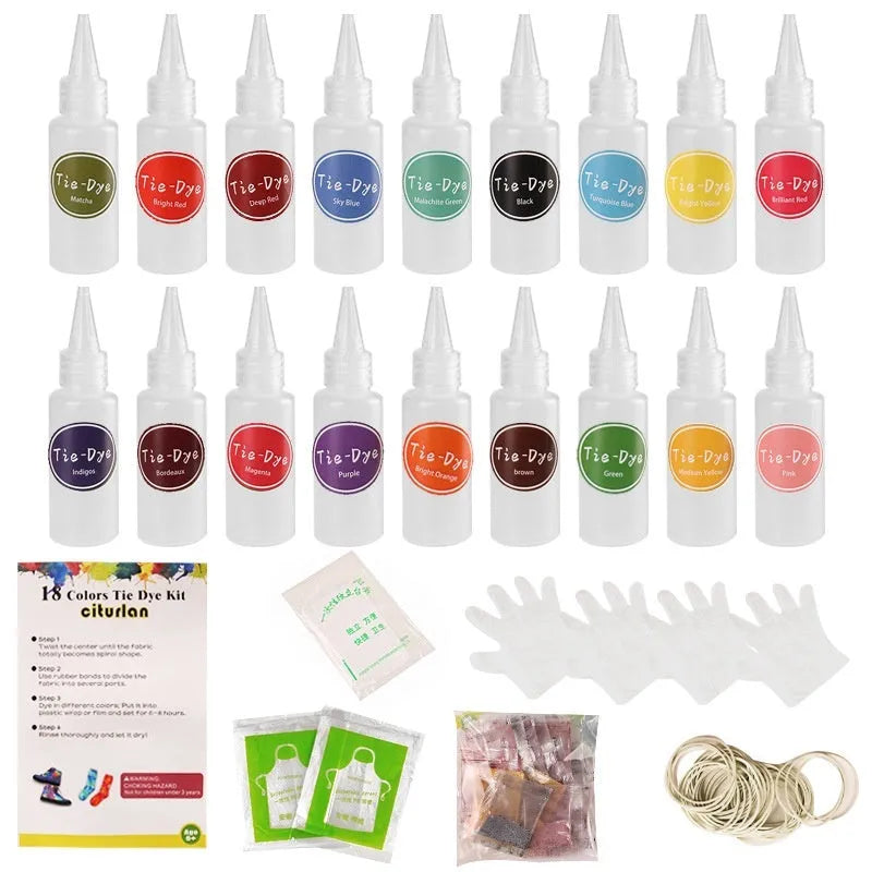 Children's 18 colour dye storage box set with tablecloth, gloves, and rubber bands on white background