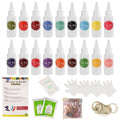 Children's 18 colour dye storage box set with tablecloth, gloves, and rubber bands on white background