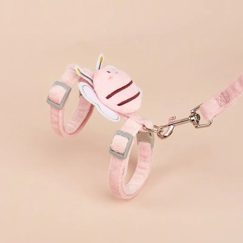 Bee shaped cat harness and leash set in blue colour showing adjustable straps and detachable hand rope