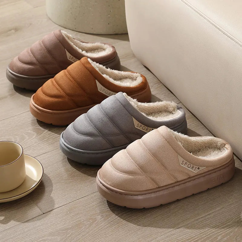 Plush indoor slippers with suede upper, EVA sole, and short plush lining in grey, khaki, coffee, or camel.