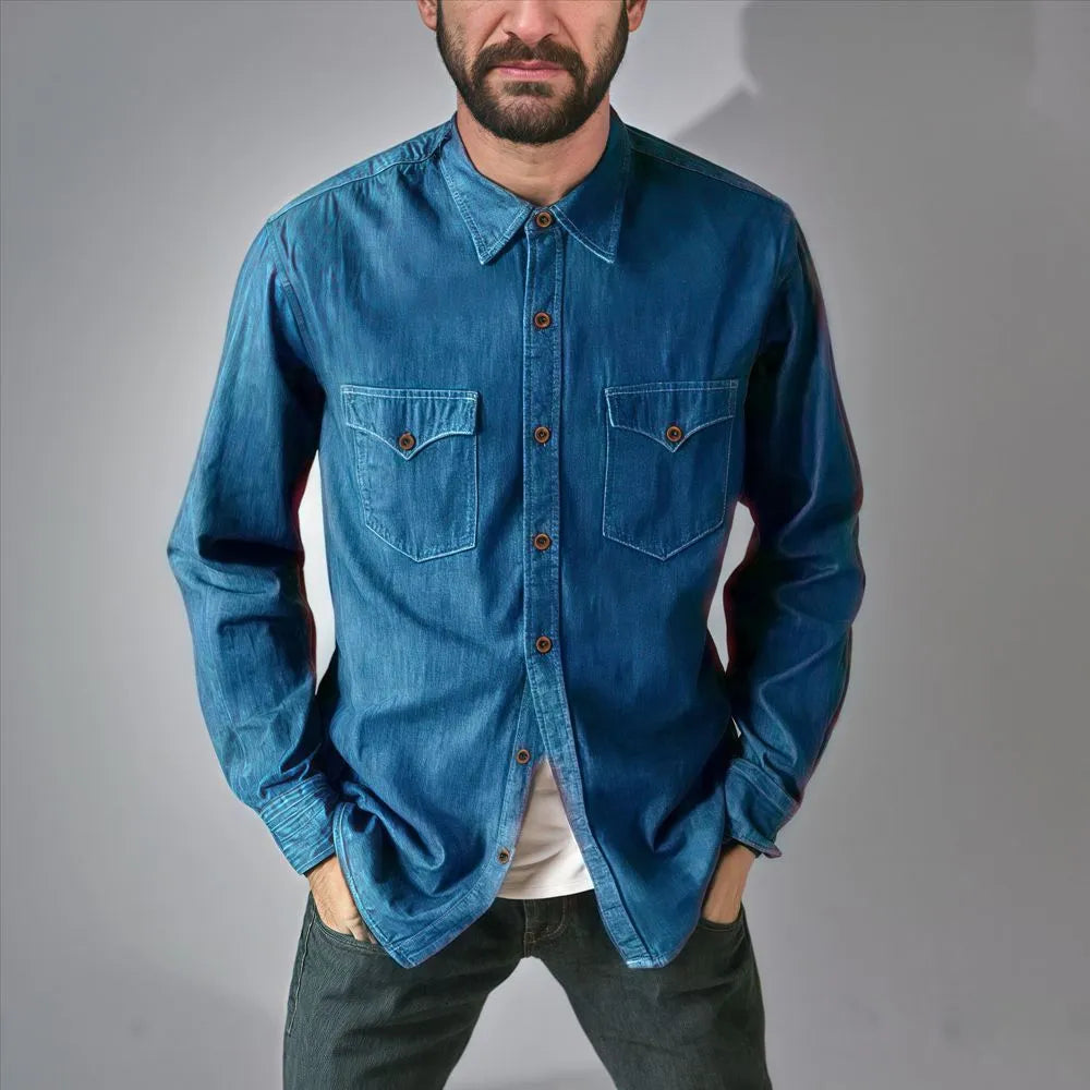 A button-front denim cardigan coat in a choice of khaki, black, blue, or grey.