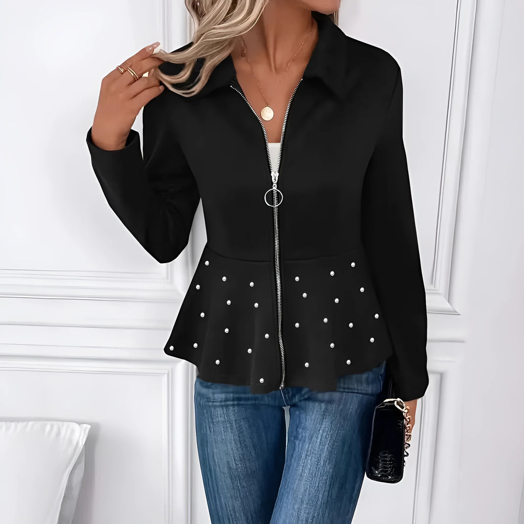 Women's black coat with heavy-duty zipper and ruffled hem, loose fit with long sleeves