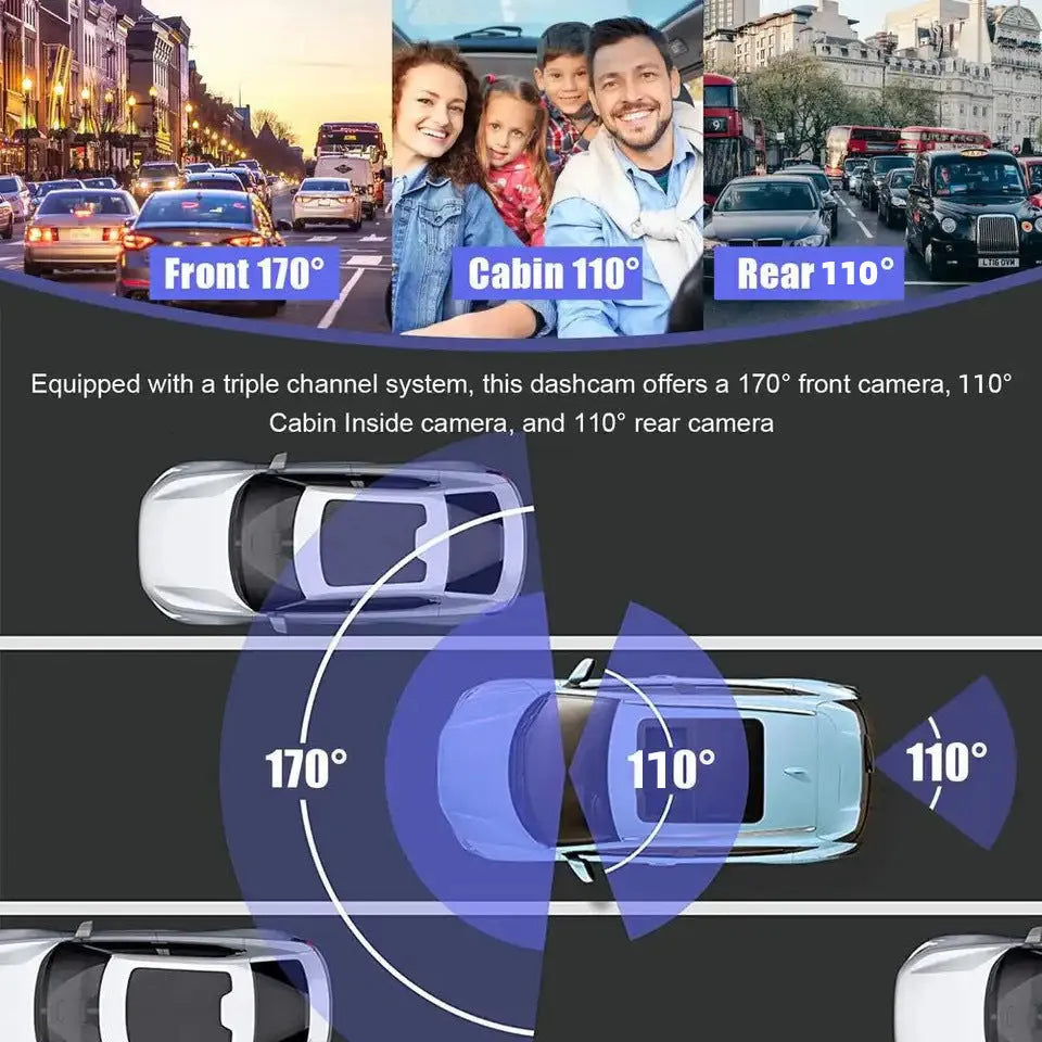 Black 3-lens front windscreen car dash cam with a 3-inch screen, showing dimensions of 7.3 by 11.1 by 15.3 centimetres.