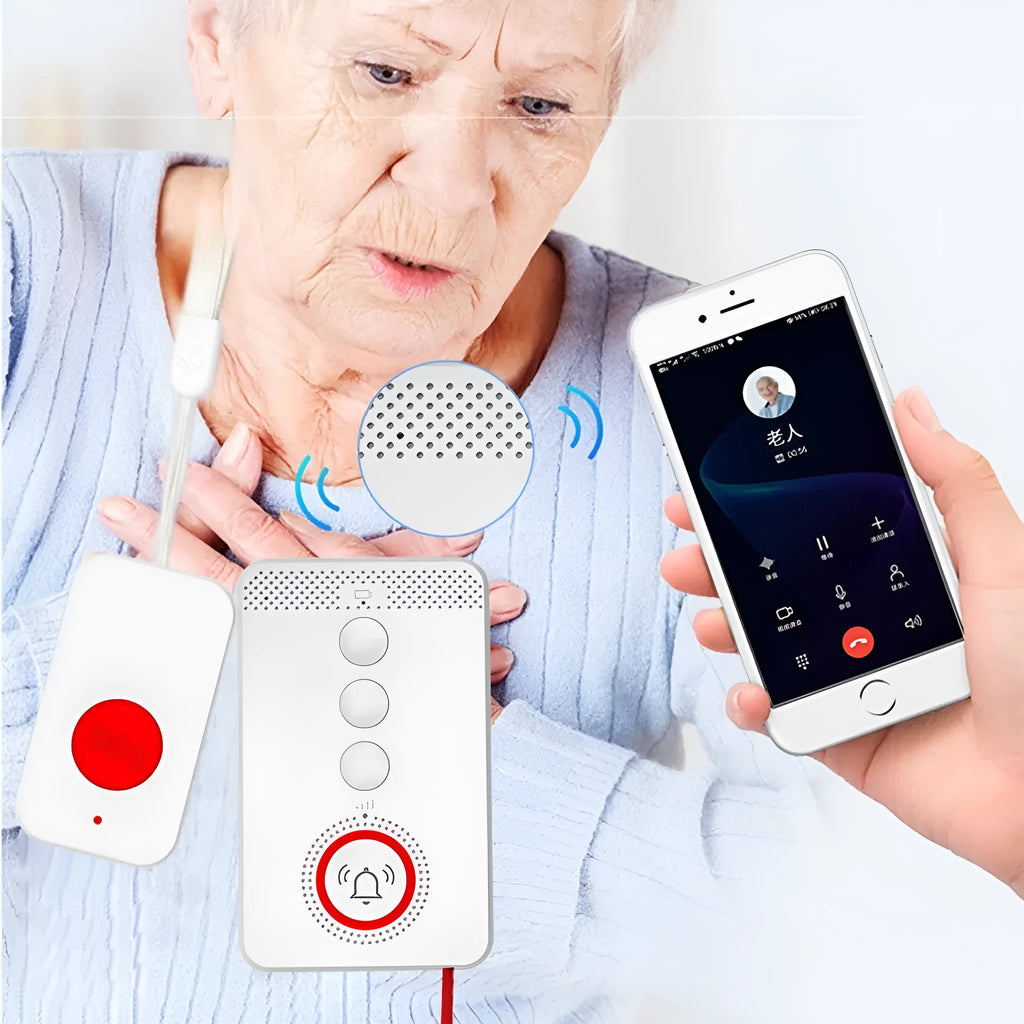White central buzzer unit and three white emergency call buttons for a one-click elderly alert system.