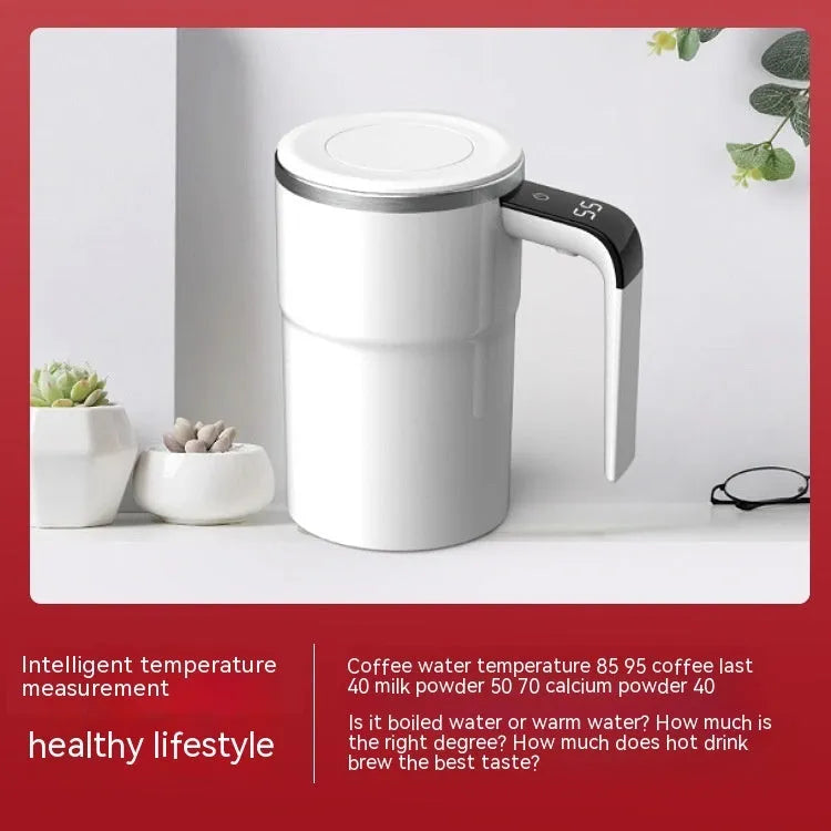 Black electric coffee mug with automatic magnetic stirring and LCD temperature display
