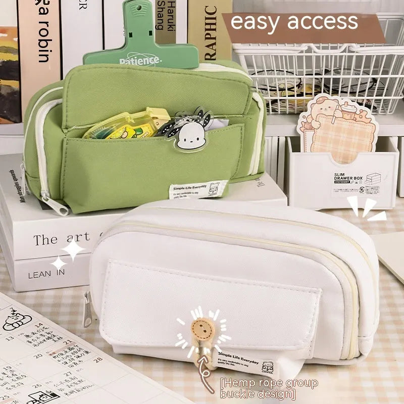 Green Korean style canvas pencil case open showing pen storage capacity