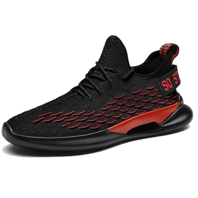 Casual breathable running shoes with mesh upper, lace-up, low-top square heel, black and white colourway