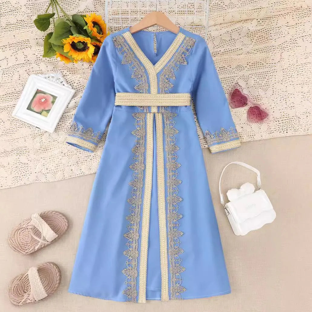 Girls lace V-neck dress in ice blue with polyester lining, suitable for 4Y to 12Y