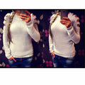 Women's white knitted shirt with hollow-out crochet patterns and round neck