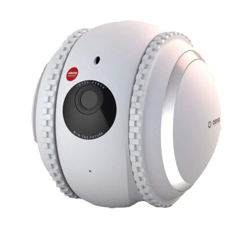 White robot cat electronic pet companion with automatic recharge system
