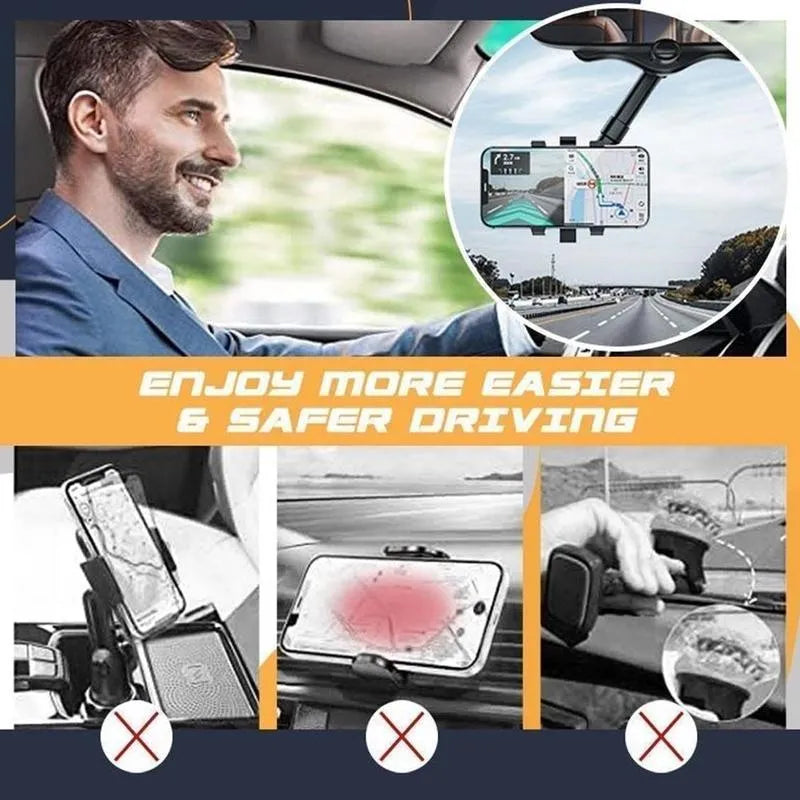 Black rearview mirror car phone holder with rotating head and telescopic arm extended.