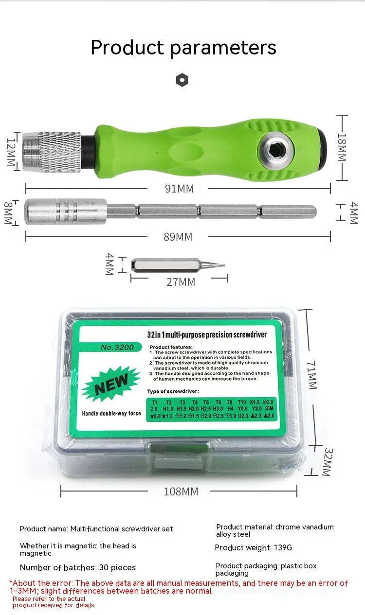 32-in-1 precision screwdriver set with multiple bits for mobile phone and electronics repair