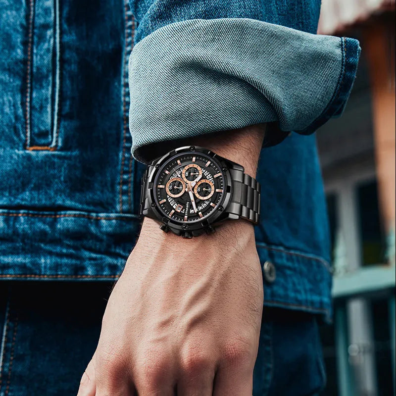Men's waterproof quartz watch with luminous markers on a steel bracelet, showing black case with blue dial option.