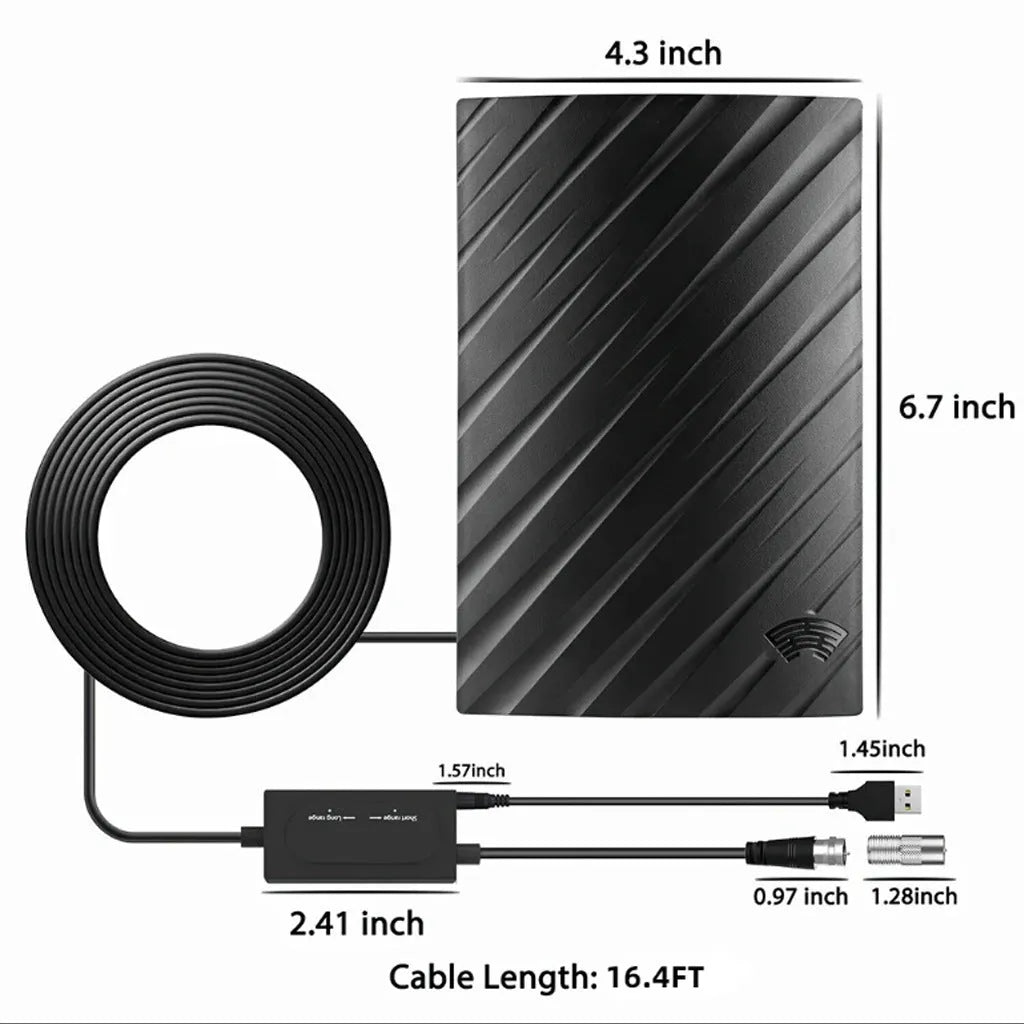 Black plastic indoor digital television antenna with included mounting screws, tubes, cable ties, and adhesive tape.