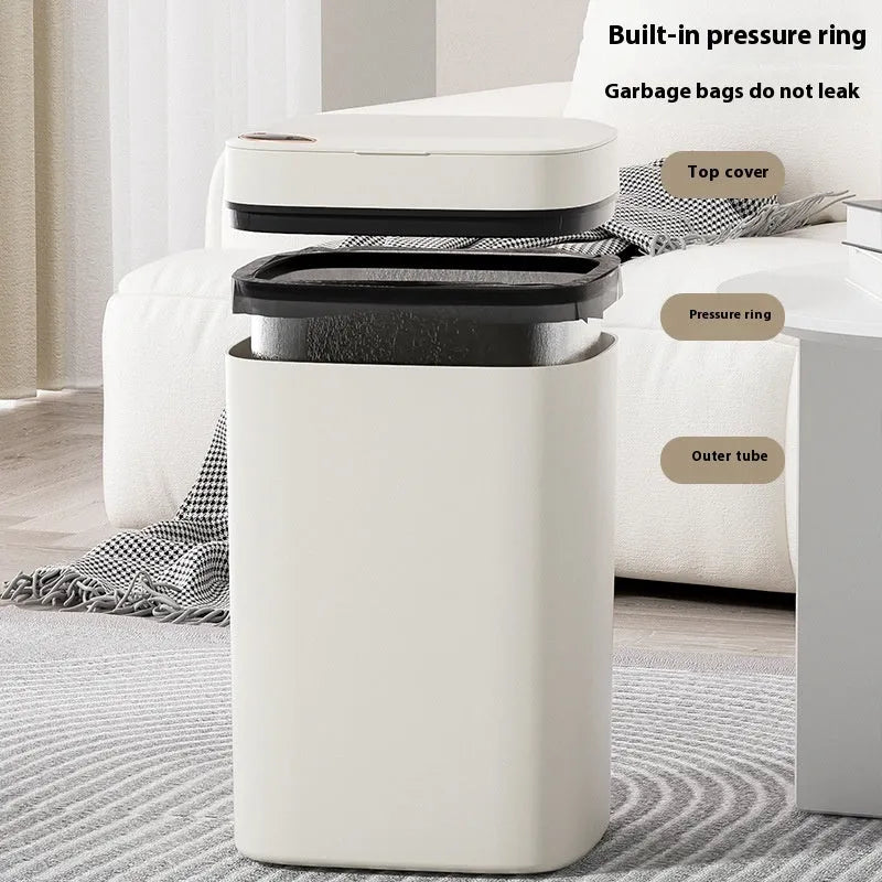 Square automatic induction kitchen bin with sensor lid and internal waste sorting compartments.