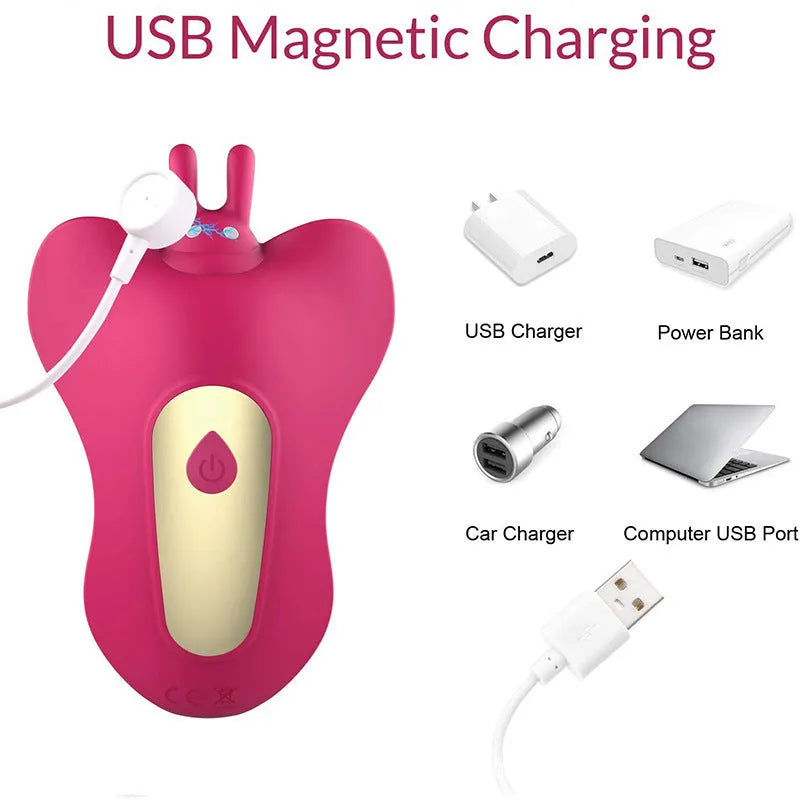 Remote control wearable butterfly silicone dildo in purple with aluminium storage bag and USB cable