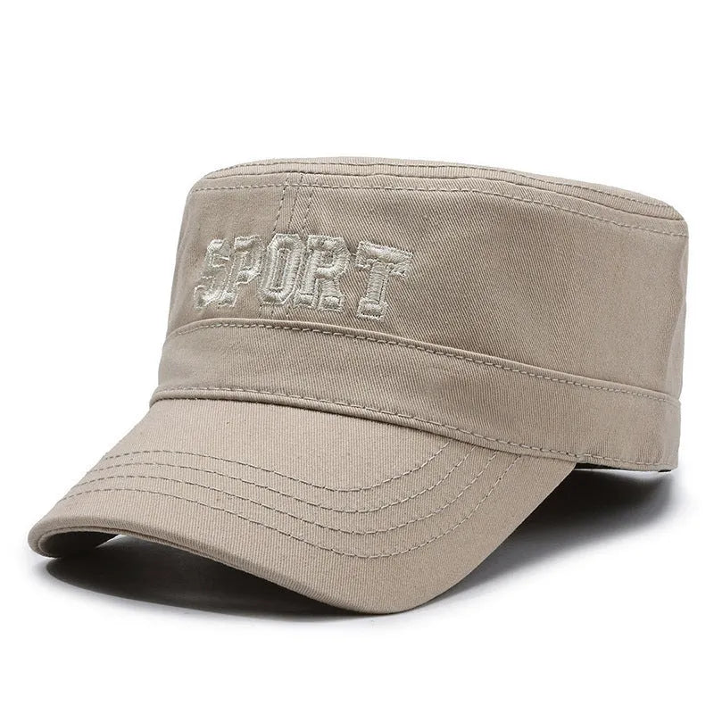 Men's flat-top cotton peaked cap in army green with an adjustable strap and embroidered lettering on the front.