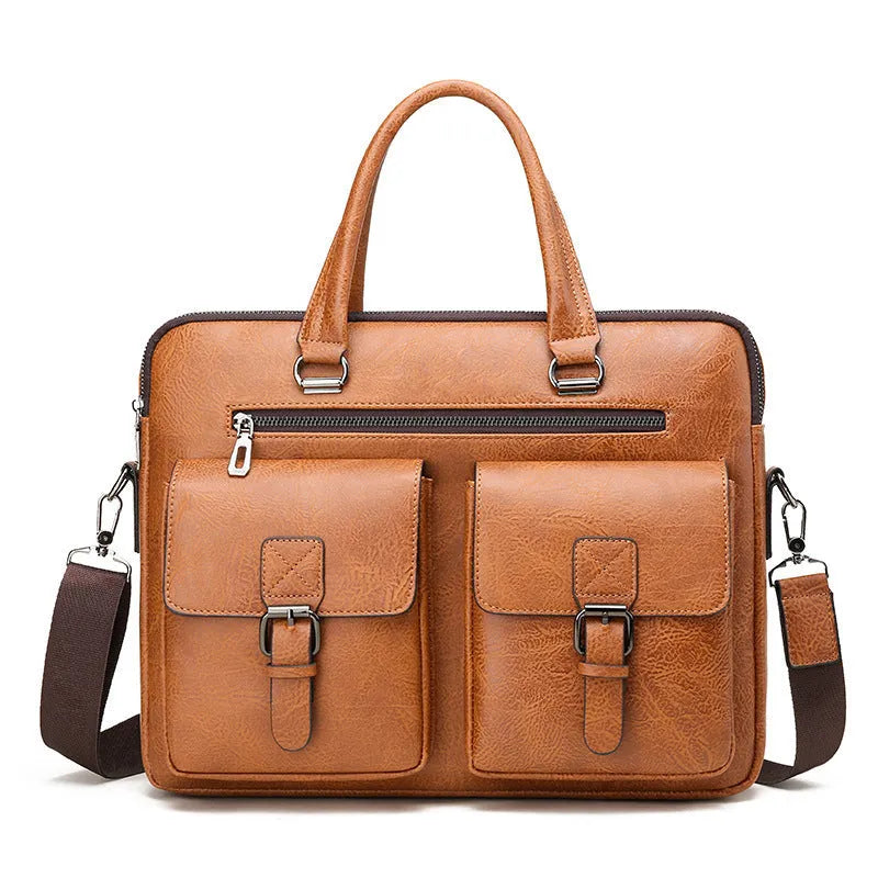 Men's PU laptop briefcase with double pocket design, solid colour, crossbody business travel bag