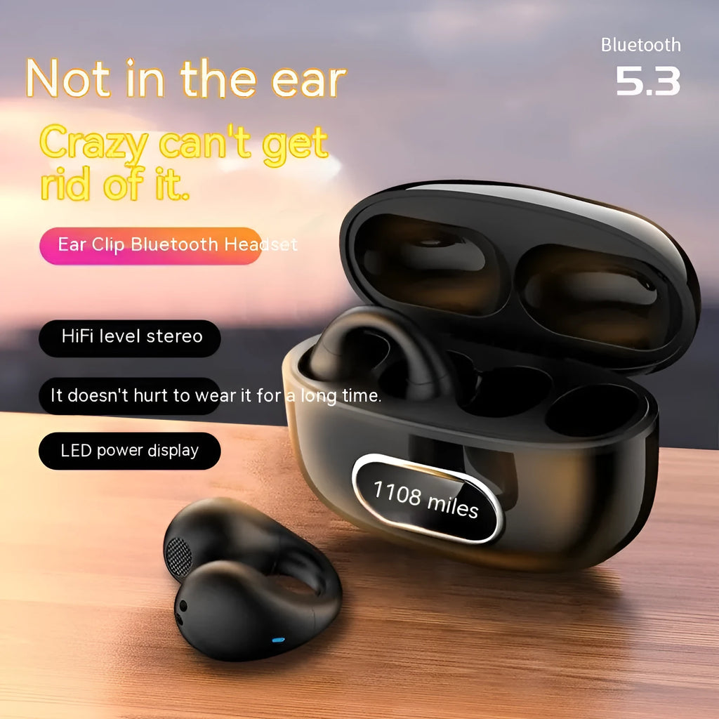 Ear-clip real wireless Bluetooth headset with digital display charging case in black
