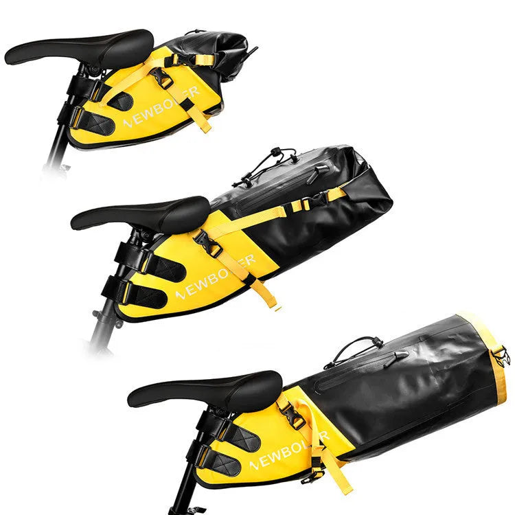 Yellow waterproof PVC bicycle tail bag mounted on a rear bike rack, showing roll-top closure and adjustable straps.