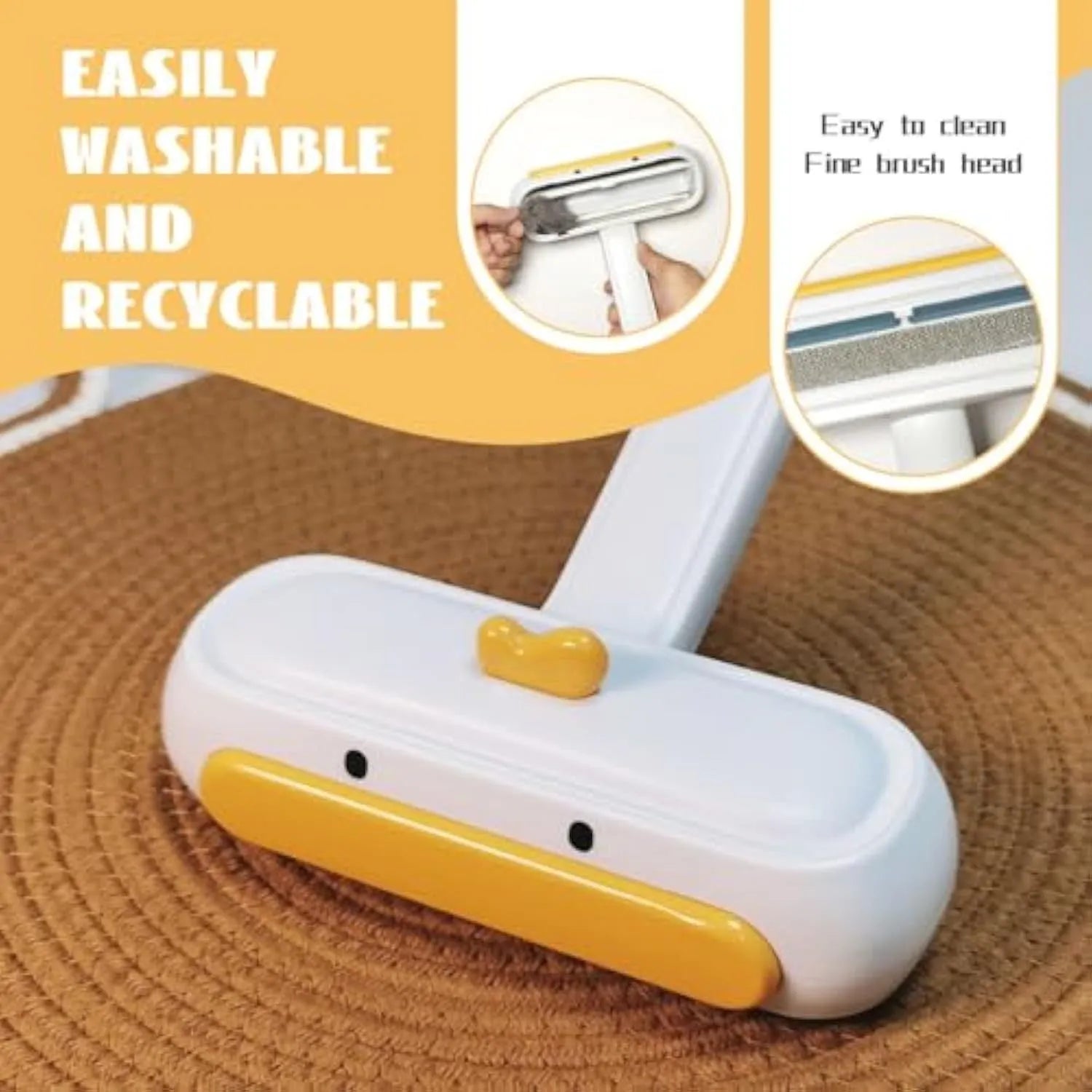Yellow duck design reusable pet hair remover roller with plastic body and bristles.