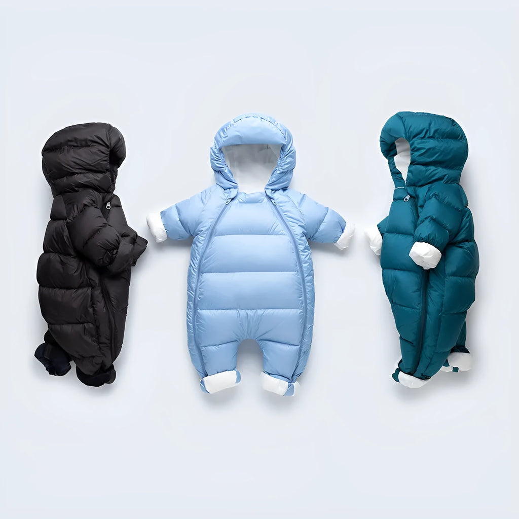 Baby down jacket thickened jumpsuit in solid colour with attached hood, suitable for 66-100cm height