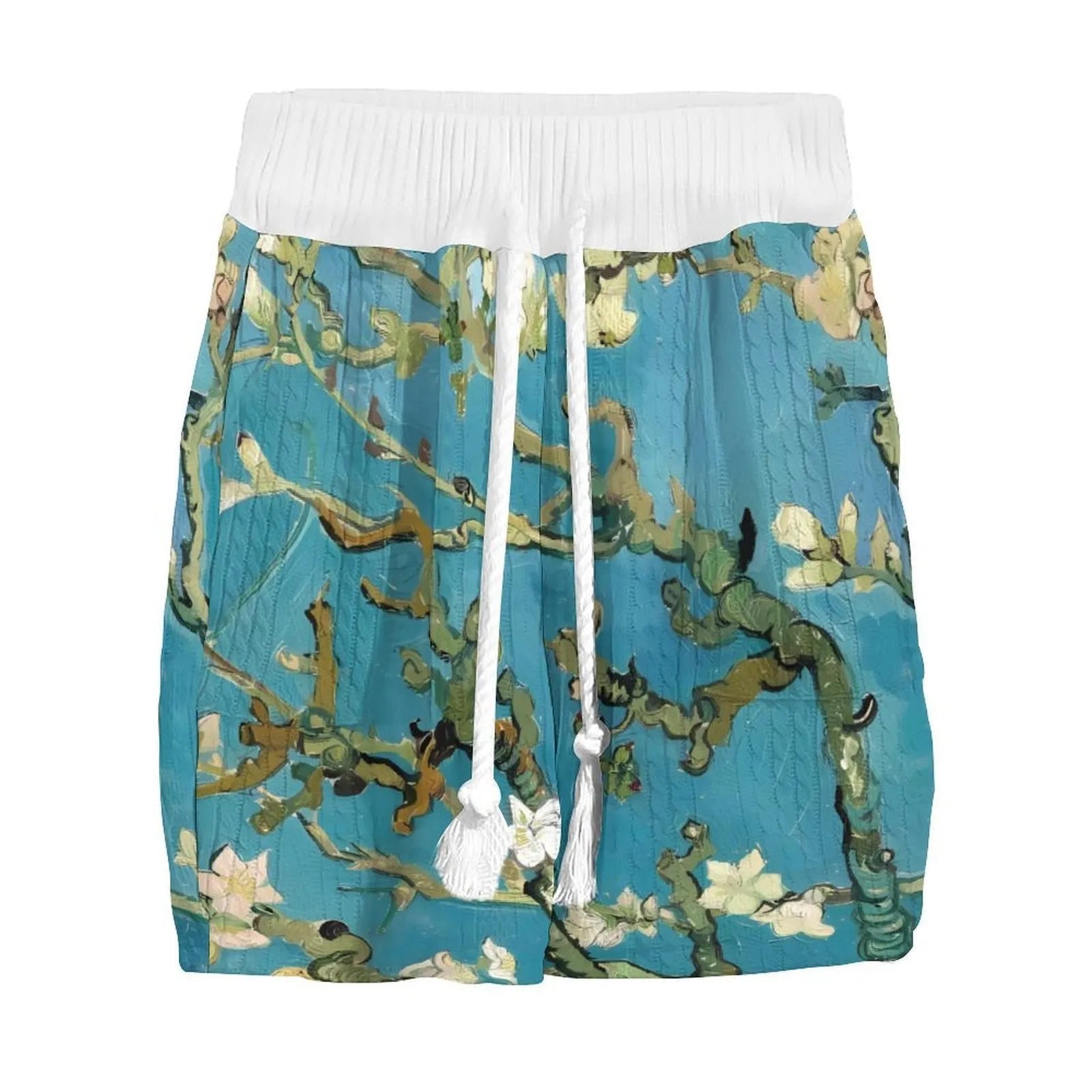 Men's peacock blue knitted shorts and T-shirt leisure suit set on a white background