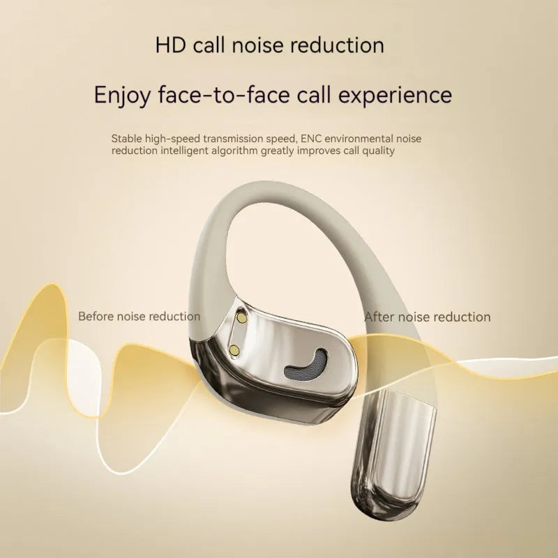 Open wireless Bluetooth headset with silicone ear-hook in black, featuring noise reduction and low latency for gaming