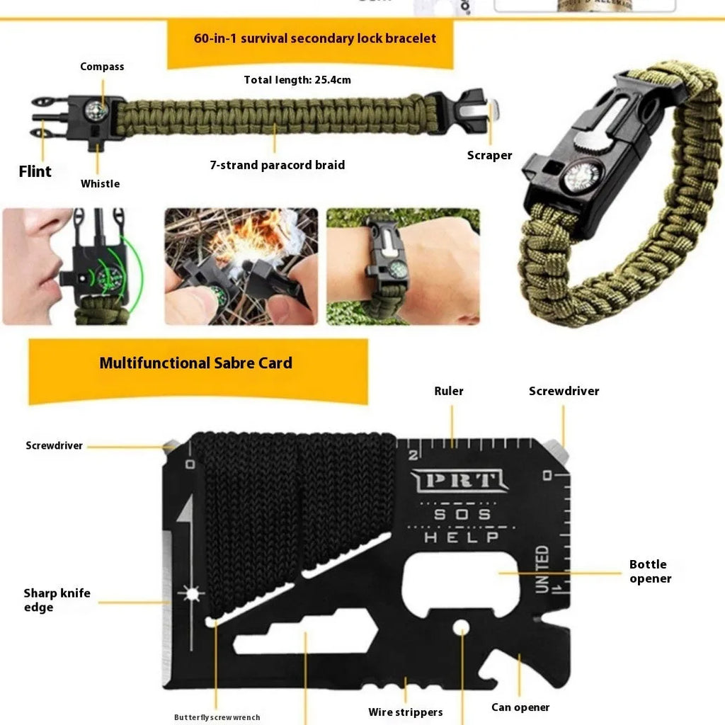 60-in-one outdoor survival tool kit in black and silver case measuring 21x11x5.5cm