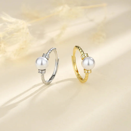 Adjustable antique twist geometric ring with pearl inlay in gold and silver copper