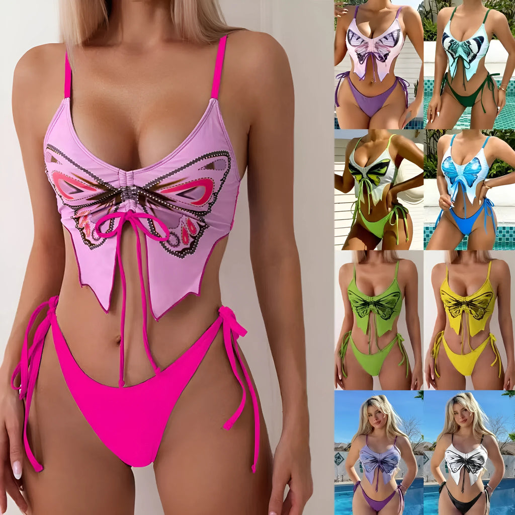 Women's purple bikini set with sleeveless top and split briefs in bow ins style