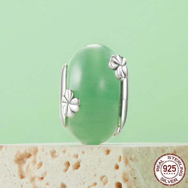 925 silver four-leaf clover glass bead pendant, green oxidised charm, 1.5cm x 0.9cm, 0.45cm hole