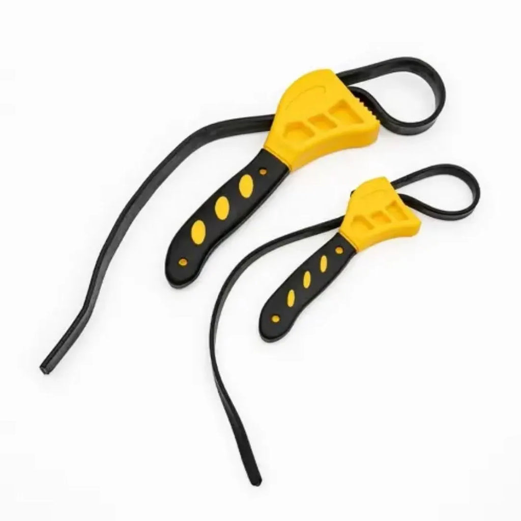 6-inch and 8-inch adjustable rubber strap wrench set with phosphated finish on a workbench.
