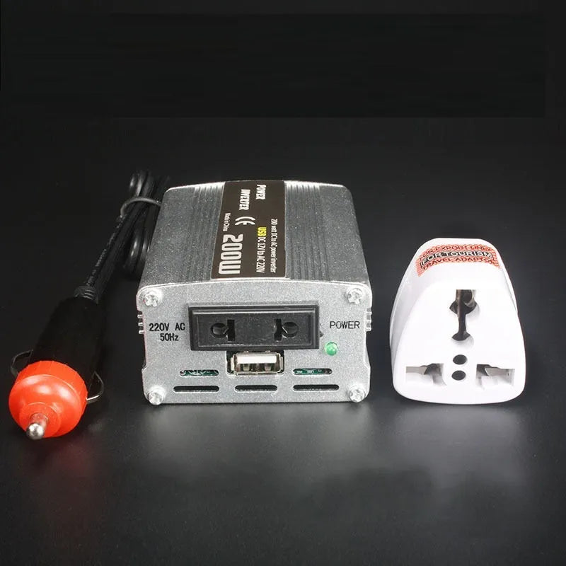 200W car inverter with USB in silver die-cast aluminium housing, 12V to 110V/220V vehicle power converter