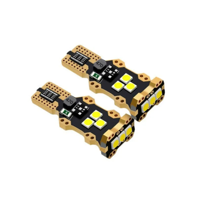 Single T15 format car reverse light bulb with white light and PVC housing.