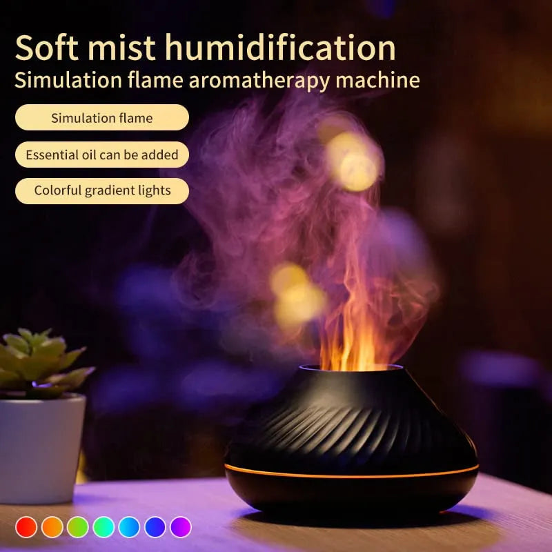 Beige volcanic flame aroma diffuser with LED light on a wooden table next to an essential oil bottle