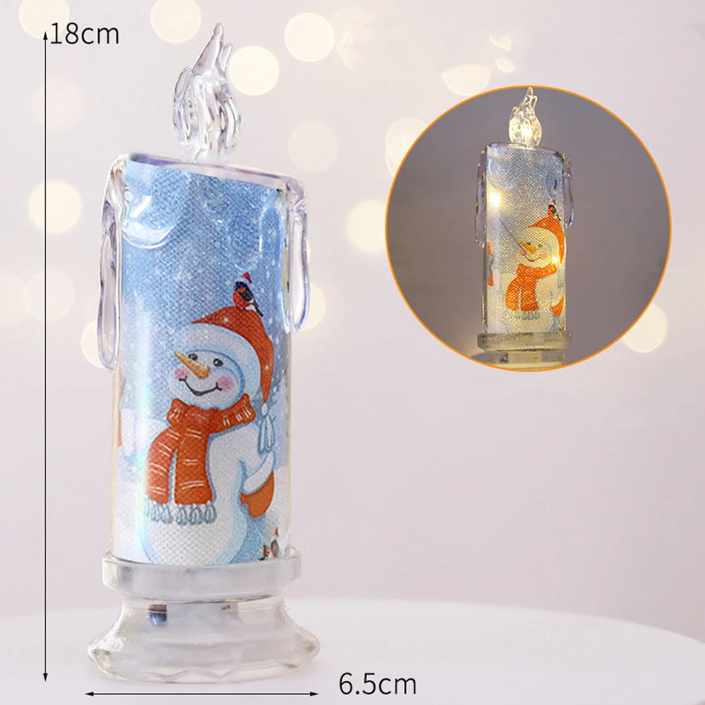 Christmas transparent plastic electronic candle with LED glow, 18cm tall, style options include house, snowman, and bear