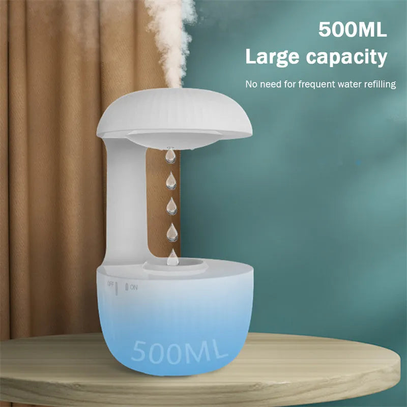 White anti-gravity USB humidifier showing water droplets appearing to flow upward with cool mist output