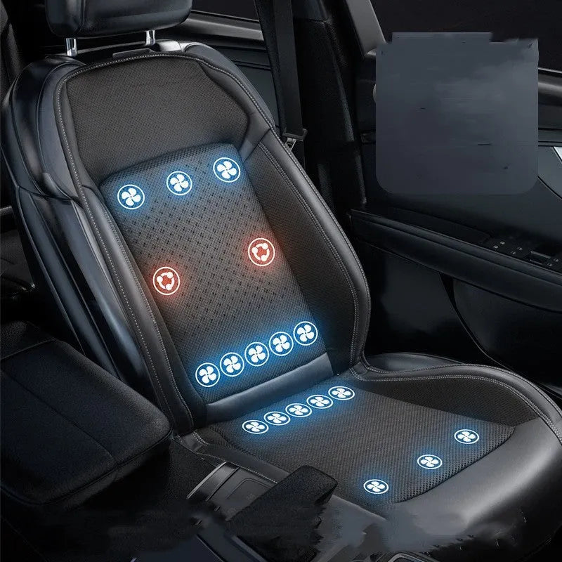 Car seat cooling pad with ventilation system and massage function in minimalist black design