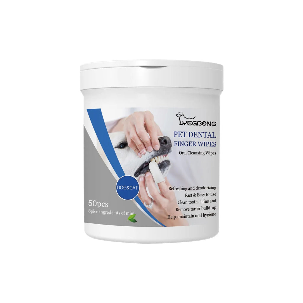 Canister of 50 dog teeth cleaning finger wipes with a reusable finger stall applicator for oral care.