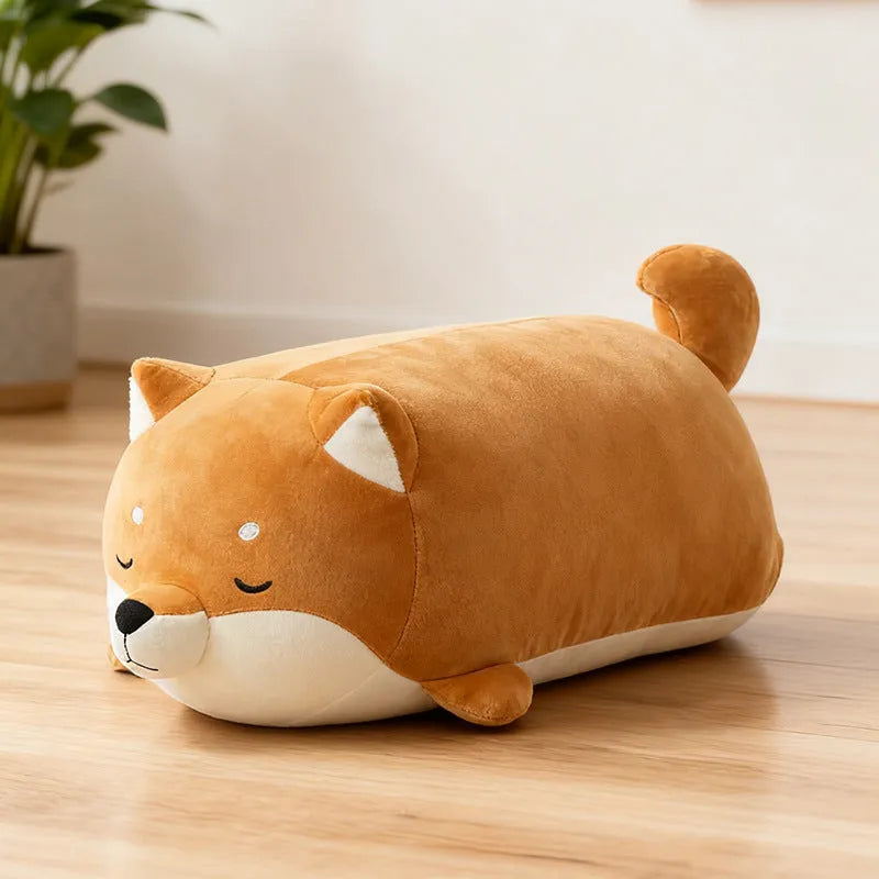 Chocolate coloured Shiba Inu plush doll toy with super soft short plush fabric, available in multiple sizes