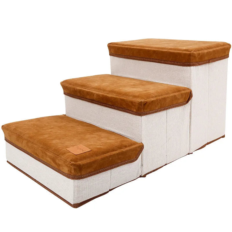 Foldable pet dog stairs in brown flannel and cotton with a cloth storage box underneath