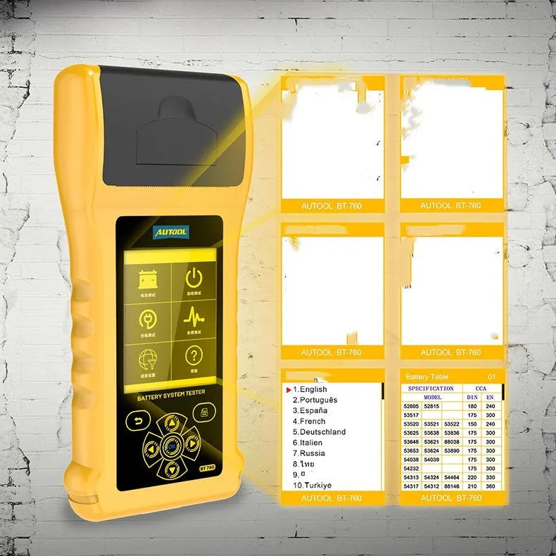 Autool BT760 digital vehicle battery tester with colour screen, test clips, and thermal printer.